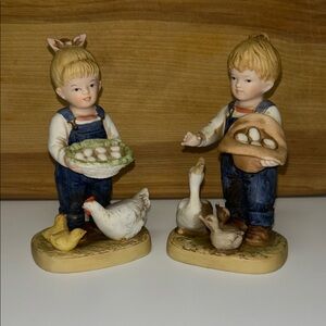Denim Days by HOMCO porcelain figurine set. “GATHERING EGGS”